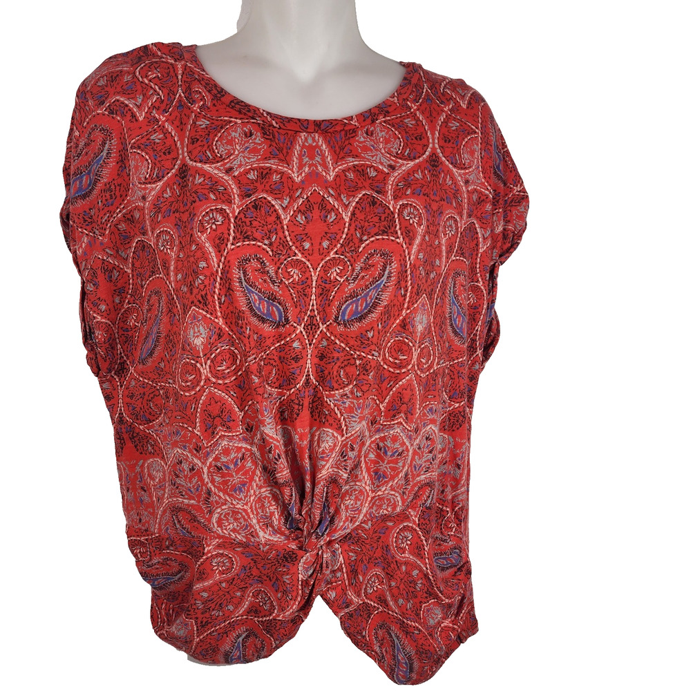 Lucky Brand Womens Top Red Paisley Tie Front Knot Cap Sleeve Knit M Split V-Neck